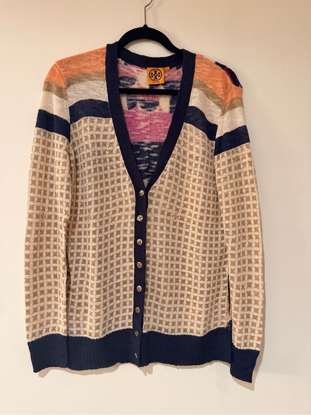 Tory Burch Linen Knit Floral Geometric Cardigan